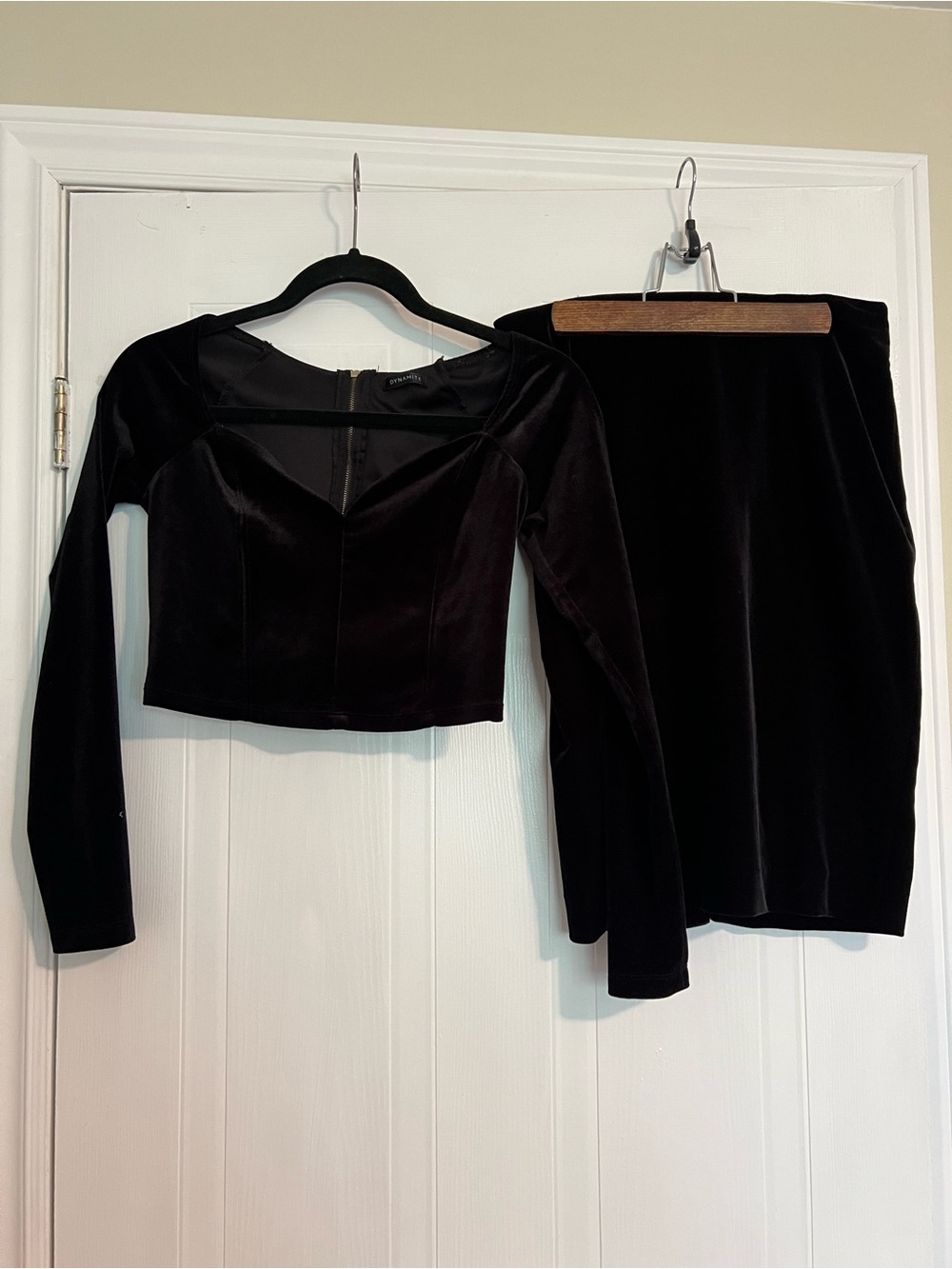 White House Black Market Black Velvet Long-Sleeve Crop Top & Pencil Skirt Set